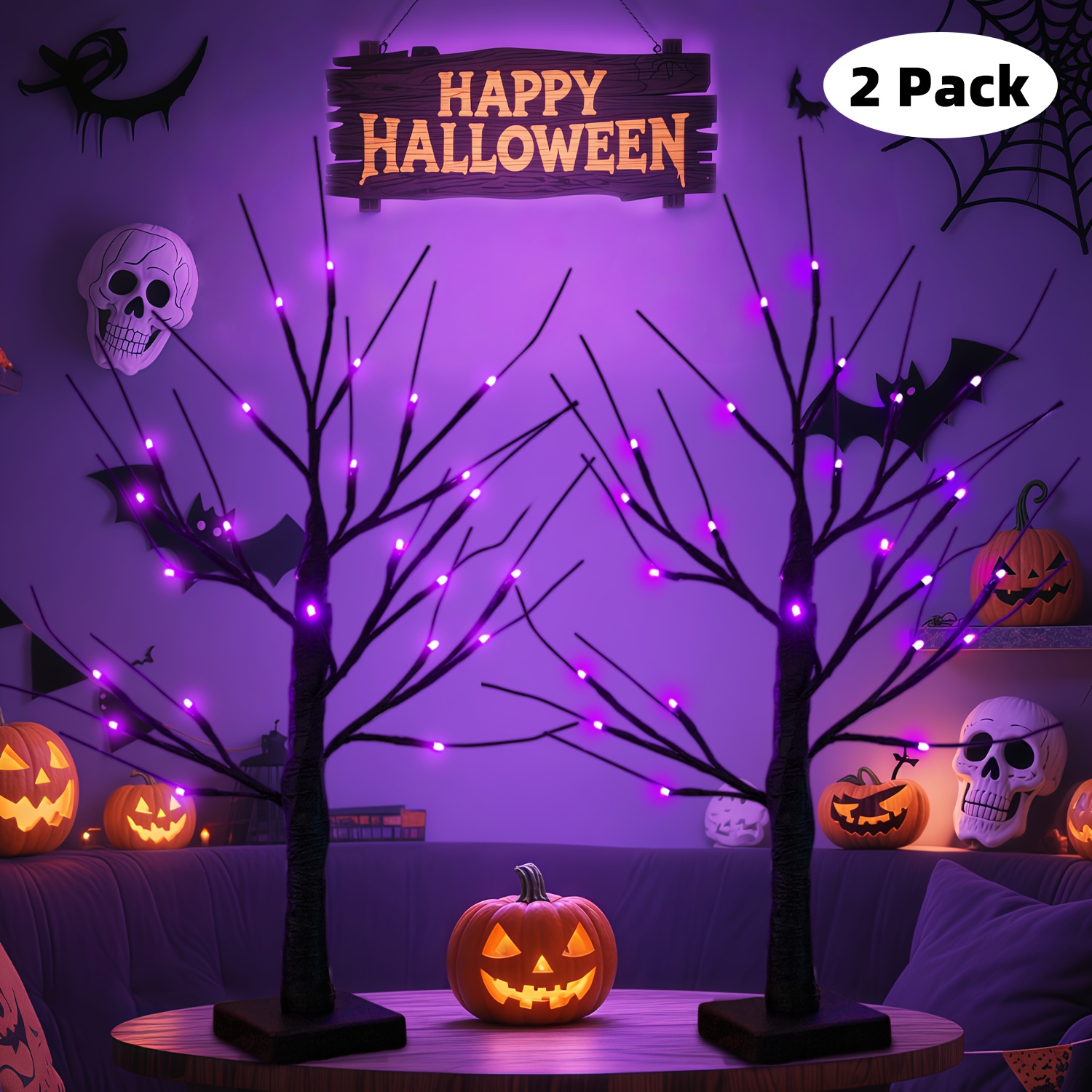 TEMU 2-pack Ledoor Halloween Black Spooky Trees With Orange & Purple Led Lights - 24in Tall, Dual Usb/battery Powered Tabletop Decorations, Auto