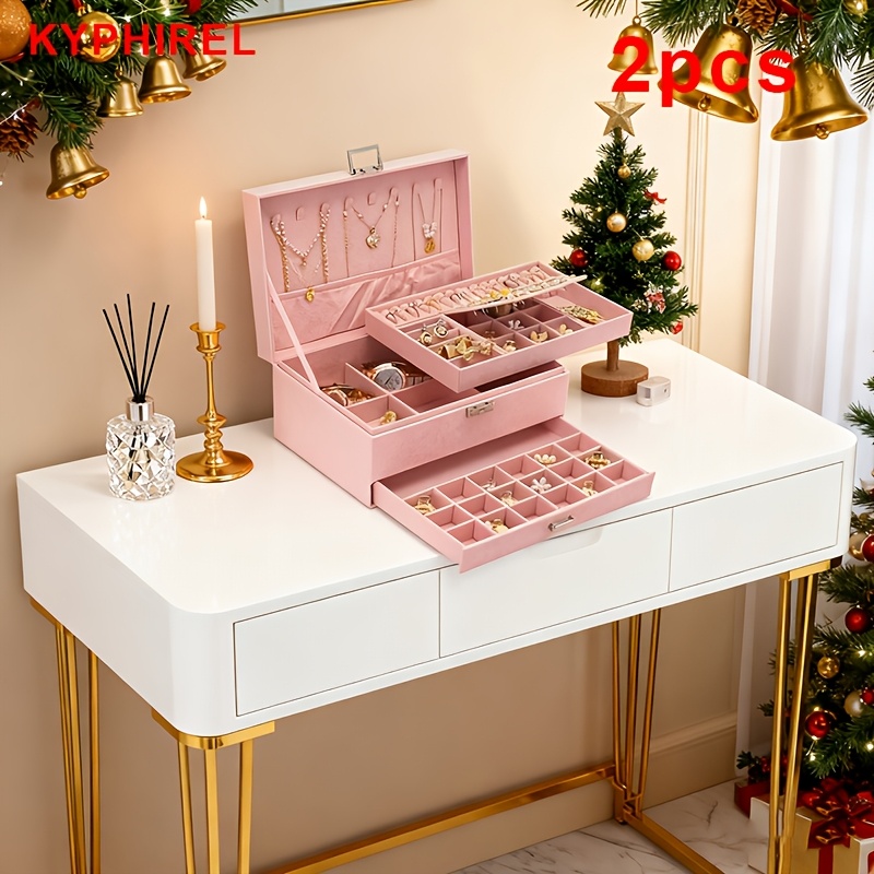 Image of 2pcs-three-layer Jewelry Box, Jewelry Storage, Jewelry Storage Box With Retractable Tray, Adjustable Compartment, Valentine's Day, Mother's Day, Thanksgiving, Gift, Jewelry Chests