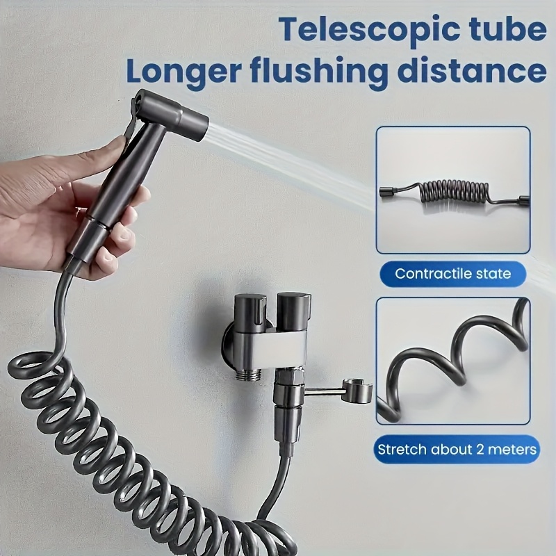 Handheld Toilet Companion Set, Wall-Mounted One-In-One Outlet Valve Kit with Stainless Steel Nozzle, Telescopic Hose and Stand