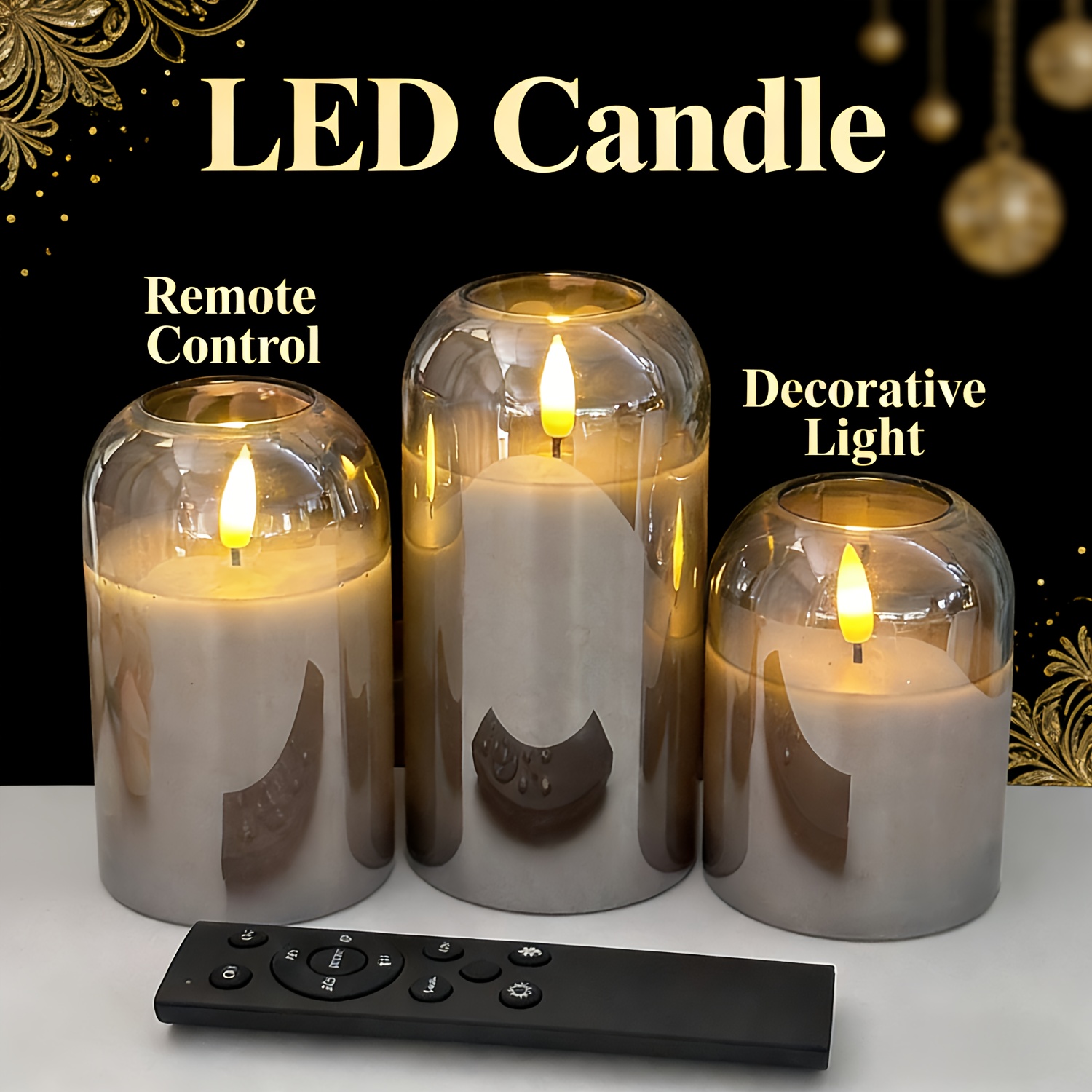 TEMU 3-pack Gray Design Dome-shaped Remote Control Candles With Design Large Black Remote Control With 10 Buttons, 8 Adjustable (2/4/6/8 Timer)