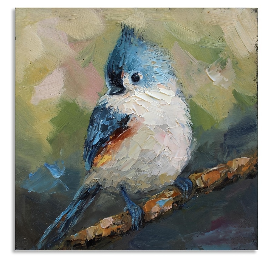 

Vibrant Abstract Bird Canvas Art, 12x12" - Frameless Tufted Finch Oil Painting For Living Room, Bedroom, Study, Cafe Wall Decor