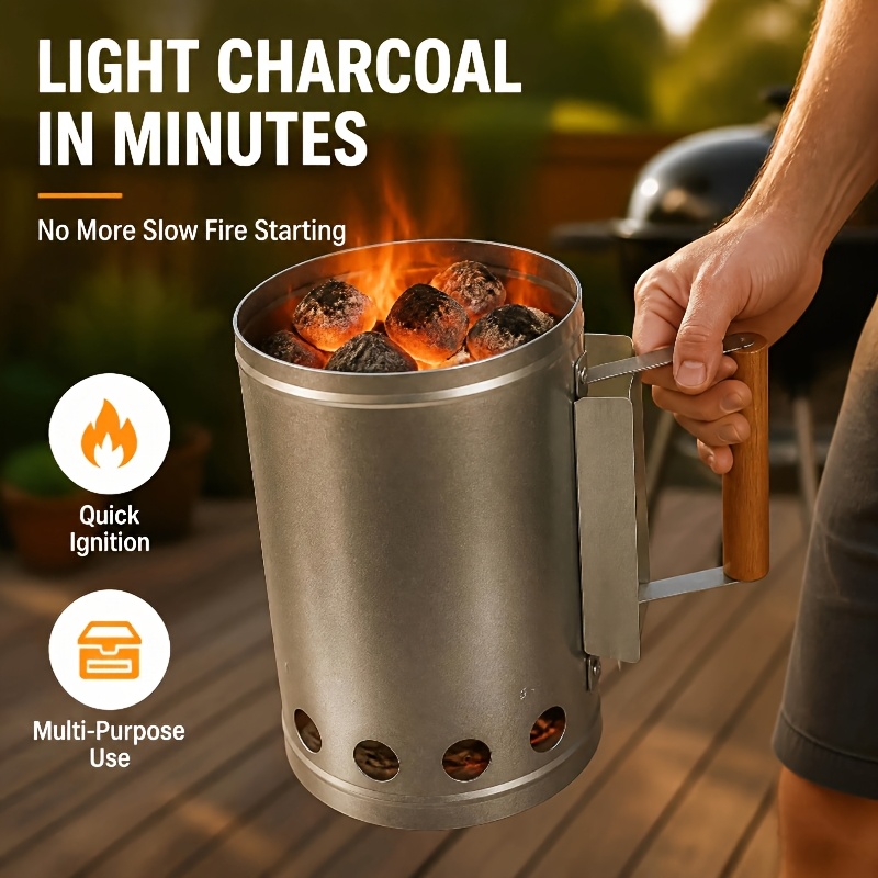 TEMU Charcoal Chimney Starter With Wooden Handle, Heavy Duty Bbq Charcoal Fire Starter, Fast & Charcoal Lighting For Grill, , Camping, Backyard &