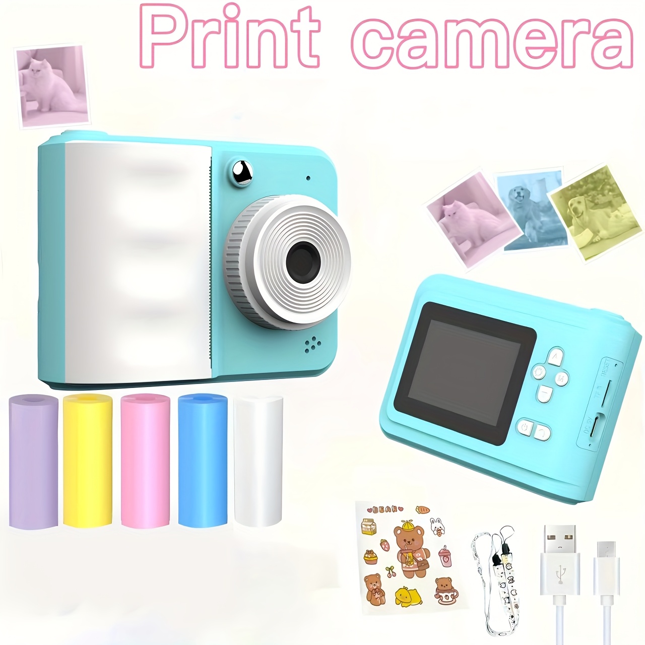TEMU Portable Hd Instant Photo Camera, 1080p Hd Instant Photo Printing Camera Set, With 5 Rolls Of Color Photo Paper, 6 Colored Pencils And A Sticker