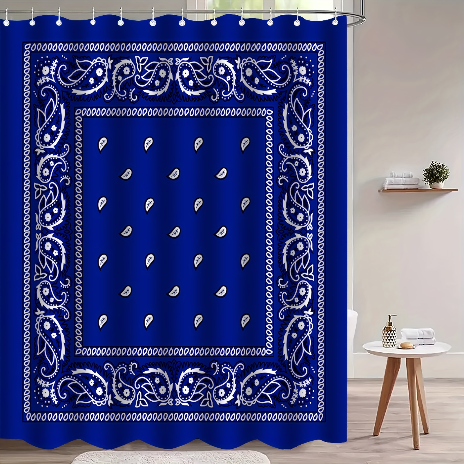 

Water-resistant Polyester Shower Curtain Set With Hooks - Machine Washable Knit Fabric With Bandana Paisley Pattern - Space Themed Bathroom Decor Accessory, Water-repellent Bath Partition