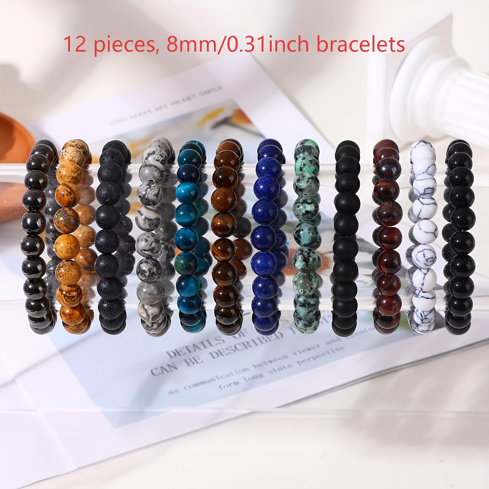 E-shop 12 Naturstein-Perlenarmbänder - 8 mm wunderschöne, halbseidene Stretch-Perlenarmbänder für Damen und Herren - Verstellbar