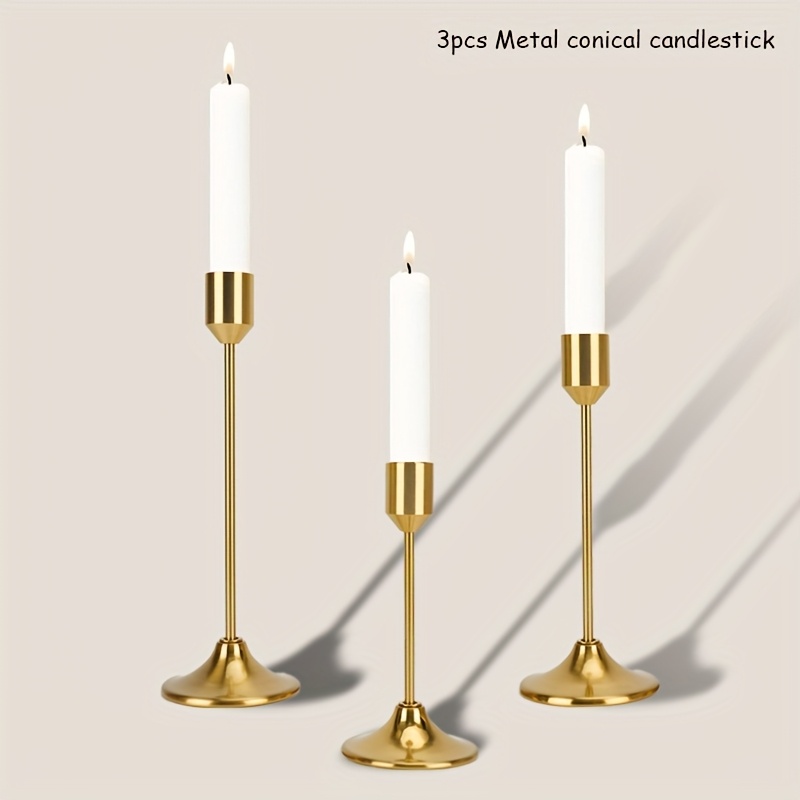 TEMU 3pcs Minimalist Golden Metal Taper Candle Holders, Romantic European-style Home Candlelight Dinner Wedding Decor, Room Decor, Home Decor,