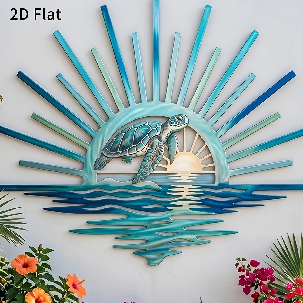 TEMU 2d Flat - 1pc 2d Flat Sea Turtle Metal Wall Art, Coastal Ocean Decor, Rustic Sunset Plaque, Durable Indoor Outdoor Hanging Ornament, Elegant