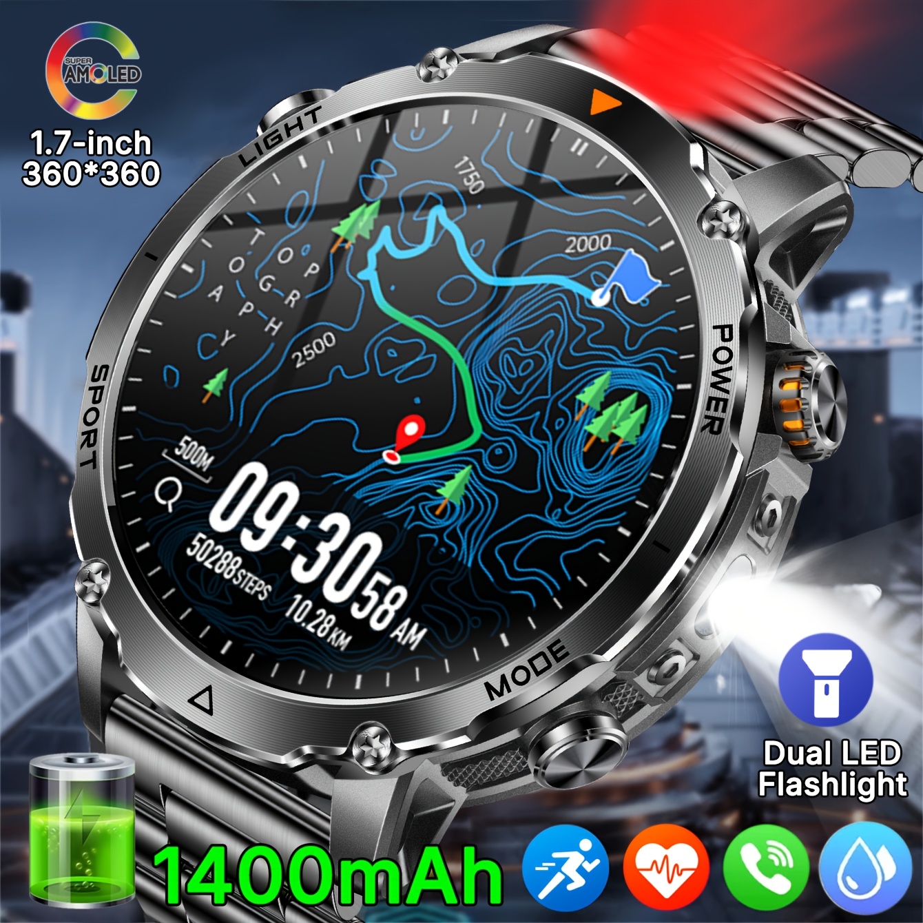 imagen del artículo reloj deportivo para hombre con batería de 1400mah nueva 2026, linterna led     y   incorporada, ipx8 y resistente al  , rastreador de fitness para hombre, admite   inalámbricas y notificaciones de mensajes, más de 100   deportivos, asistente de voz, control de  
