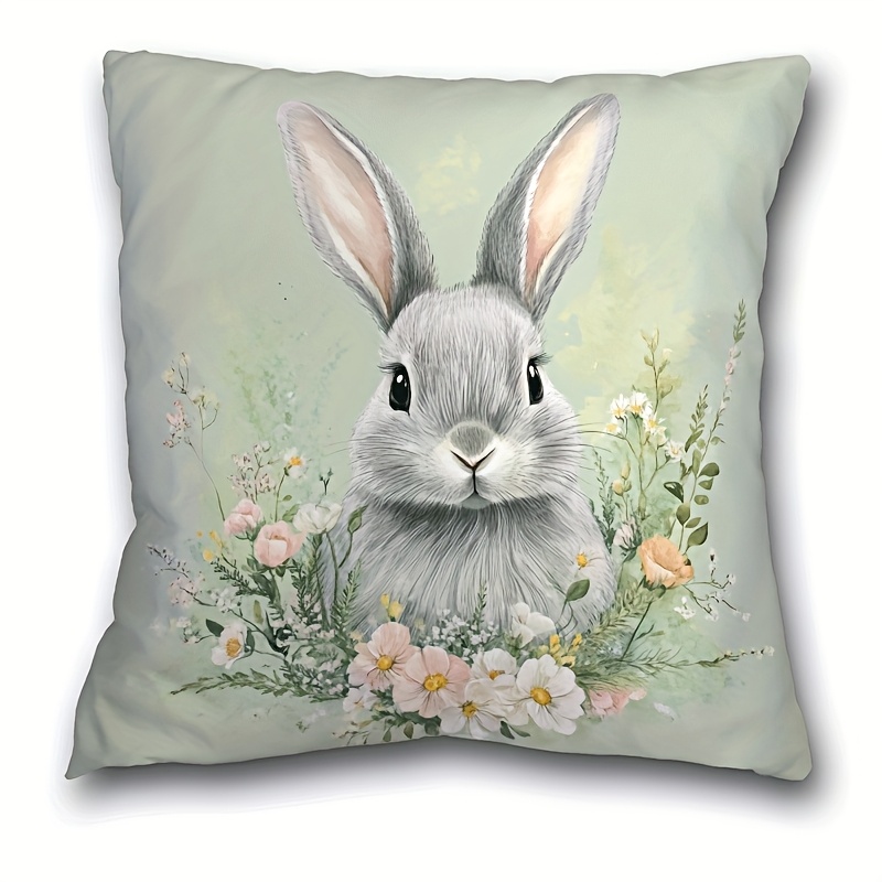 

1pc Easter Bunny And Floral Pattern Short Plush Pillow Case 17.7"x17.7" - Zippered, Machine Washable, Polyester - Ideal For Home And Bedroom Decor, Pillowcase|bunny Themed Decor|soft Texture Case