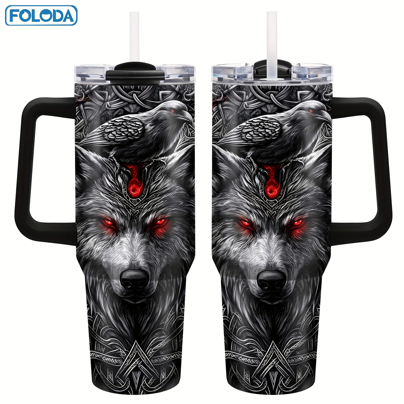 Gobelet Viking Wolf Foloda de 40 oz avec poignée et paille - Tasse de voyage isotherme en acier inoxydable, étanche, cadeau parfait pour les hommes, fête des pères, anniversaire, Noël, tasse de voiture pour l'extérieur, tasse de voyage pour café