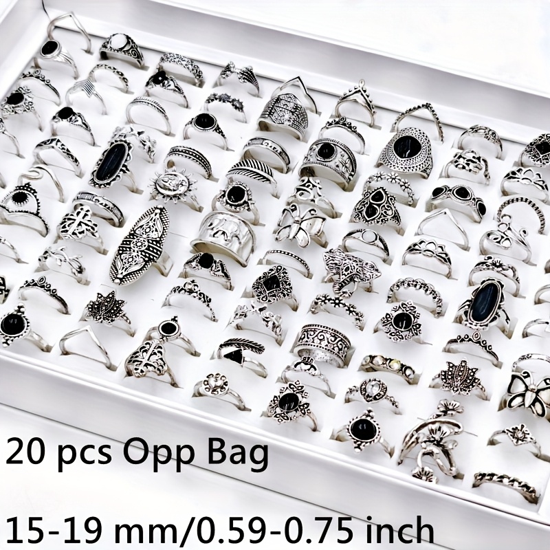 TEMU Wholesale 20pcs/ Pack Women's Jewelry Set Retro Bohemian Style Men's And Women's Rings Material Size 15mm-19mm Mixed Leaf Eye Heart-shaped
