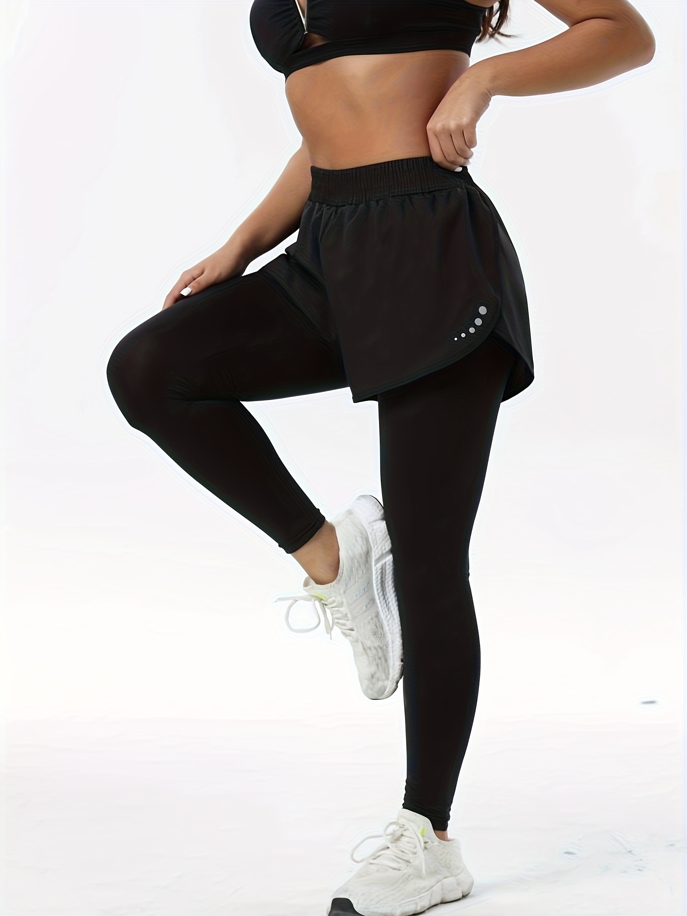 Women's High-Waisted 2-in-1 Sports Leggings, Long Length, Knit Fabric, Mid-Stretch, Print Pattern, Pocket Detail, All-Season, Non-Waterproof, Polyester Blend