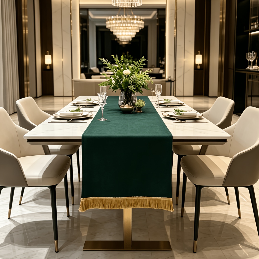 TEMU 1pc Light Luxury Dark Green Velvet Table Runner, Modern Minimalist Dining Table Decorative Cloth With Golden Tassels, Long Tablecloth, Hotel And