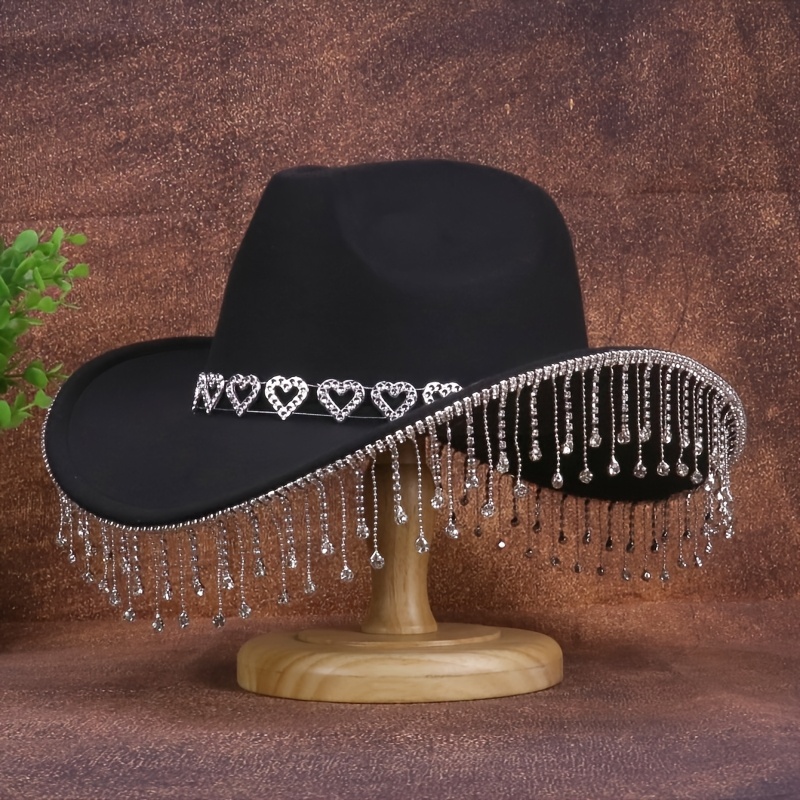 TEMU 1pc Women's Teardrop Rhinestone Cowboy Hat - Sparkling Tassel Teardrop Rhinestone Design | Suitable For Weddings, Parties And Stage Performances