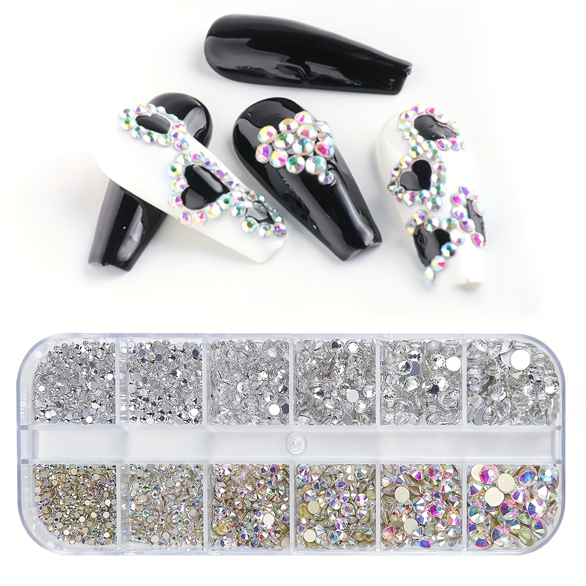 Image of 1840pcs/ European And Rhinestone Nail Art Decorations, Mixed Sizes Diy Flatback Gems, Transparent Ab Color Nail Rhinestone Set
