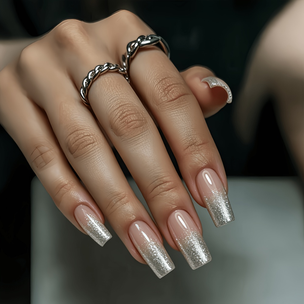 TEMU Upgrade Your Look. 24 Long-style Ballet-style Nail Stickers. Nude Silvery Glitter Gradient Smudging Nail Art. Fashionable Style. Nail Stickers.