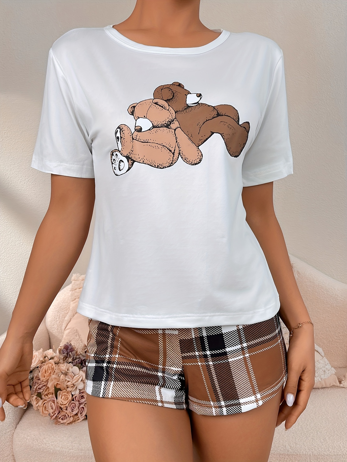Loungeable teddy bear long shirt and pants pajama set in cream