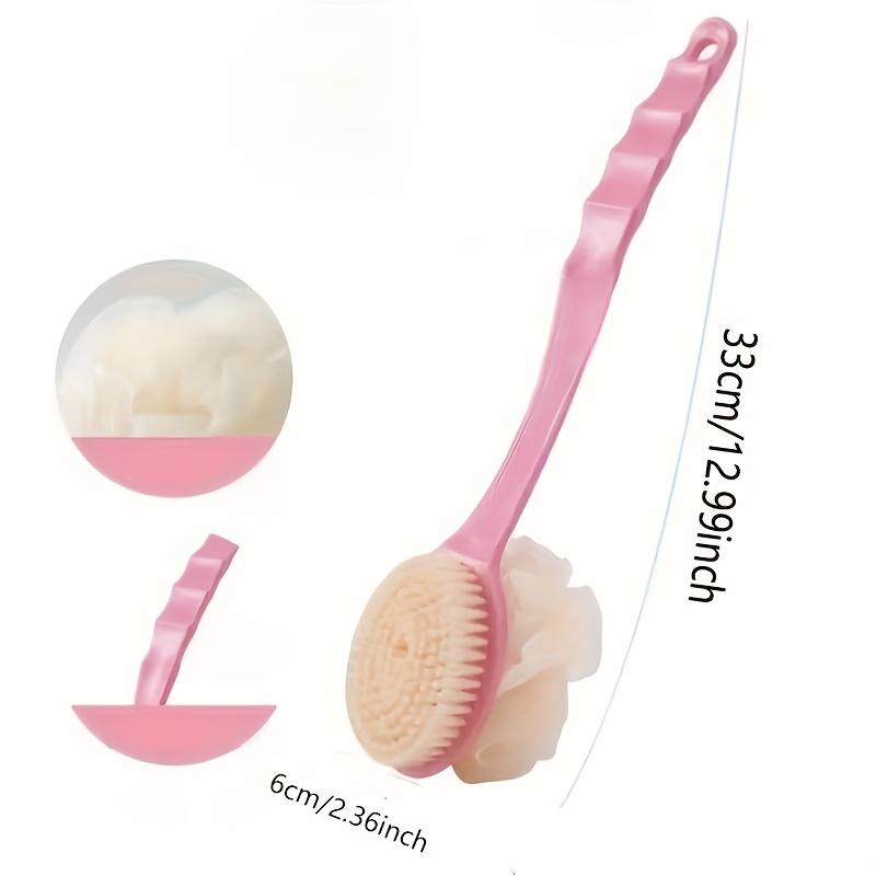   2 in 1 soft bristle exfoliating shower brush with long handle   back scrubber hair care tool easy to clean   flexible bristles for body and hair no battery needed manual back scrubber   durable plastic handle shower accessories Product details 6