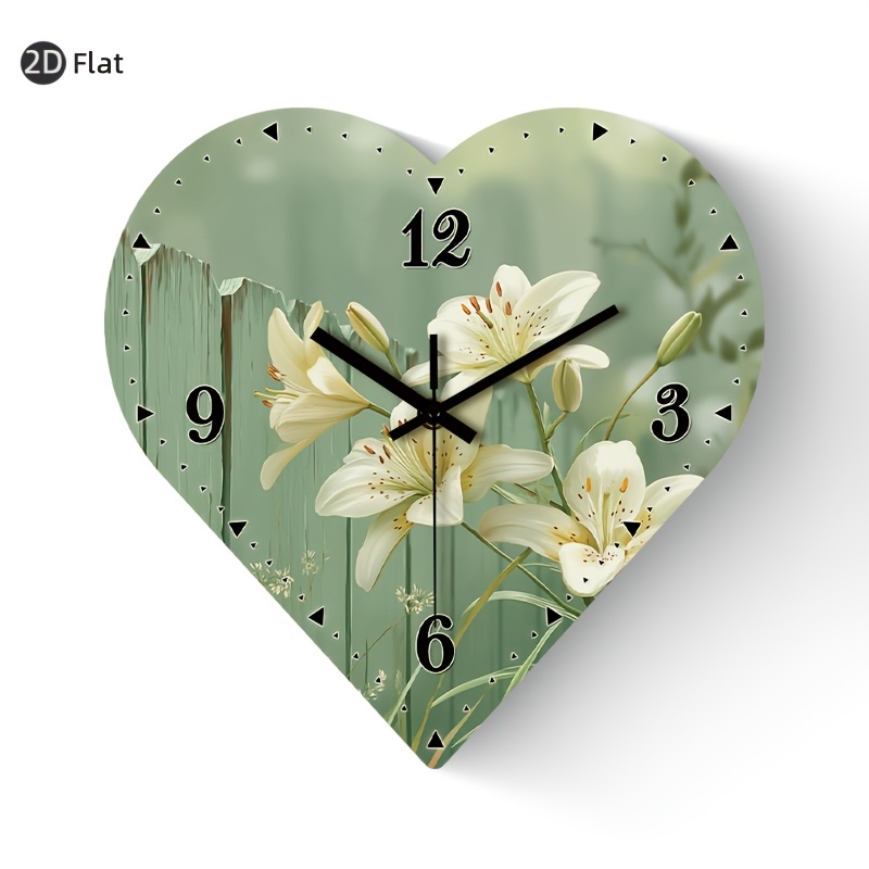 TEMU 1pc Silent Wall Clock Non-ticking Wooden, Decorative Heart-shaped Clock Hd Glossy Lamination Lilies With Clock Numbers On Background Room,