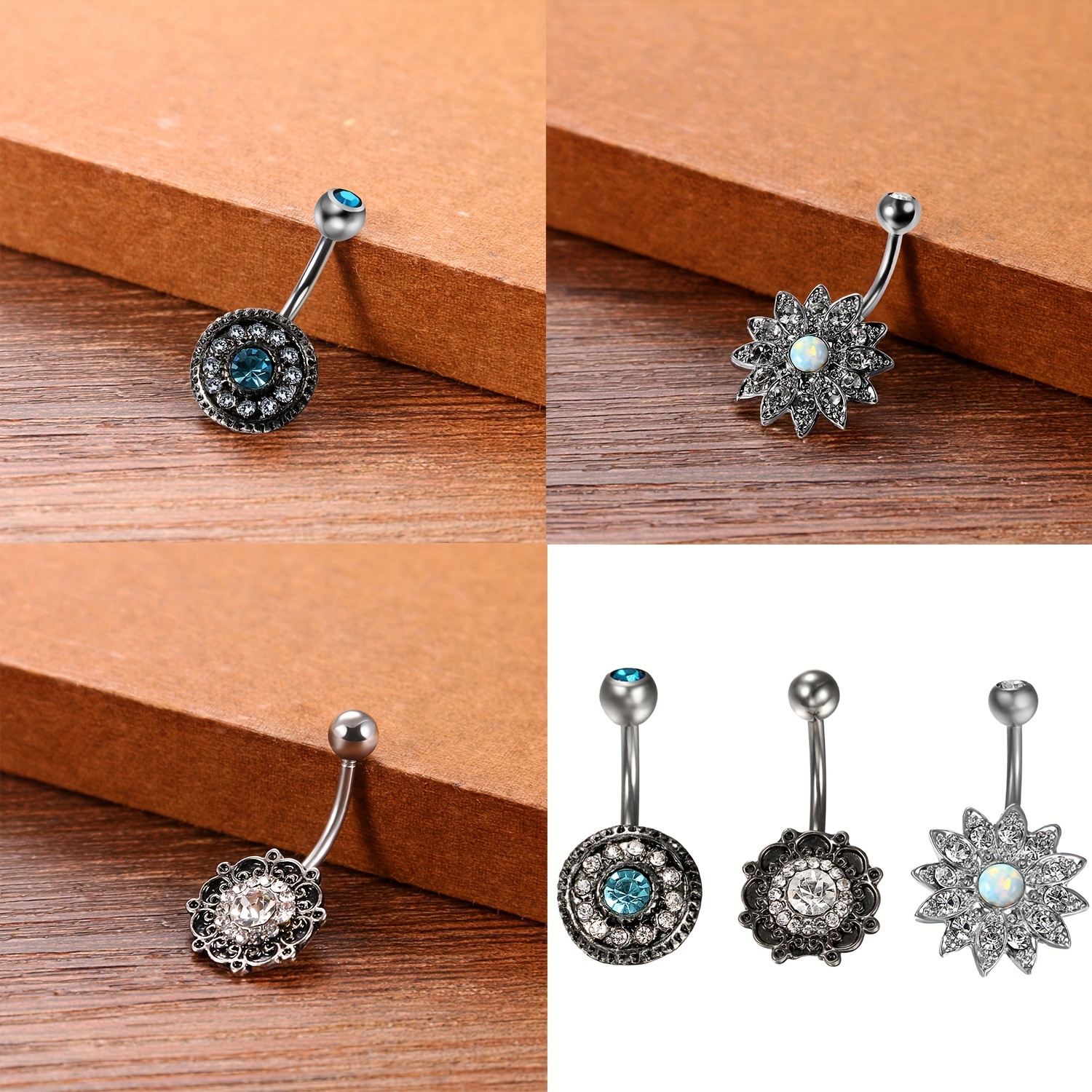 Set Of 3 Belly Button Rings Featuring Bohemian Retro Design, Made Of 316l 316l Stainless Steel With Silvery And Blue Synthetic Synthetic Zircon​​ . Suitable For Men, Women, Girls, Boys, And Unisex