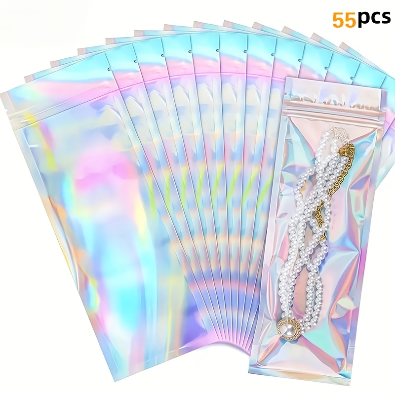 TEMU 55/25 pezzi Sacchetti Holografici Laser Argentati per Confezioni - Richiudibili - Adatti per Piccole Imprese, Dimensioni 6X23 cm, per Penne,