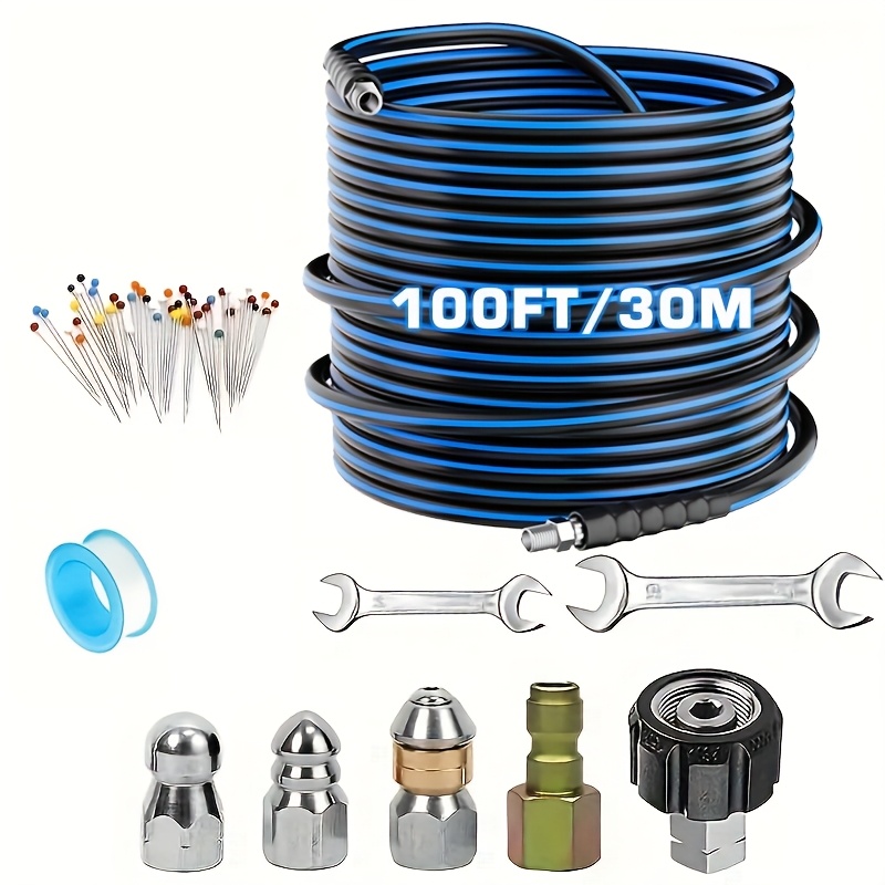 TEMU Sewer Jet Kit For Pressure Washer 100ft/50ft, Newest 5800psi Hose 1/4 Inch Npt Angle, Swivel And Push Button Hose Sewer Jet Nozzle Pearl Corsage Pin Waterproof Tape With 2 Wrenches