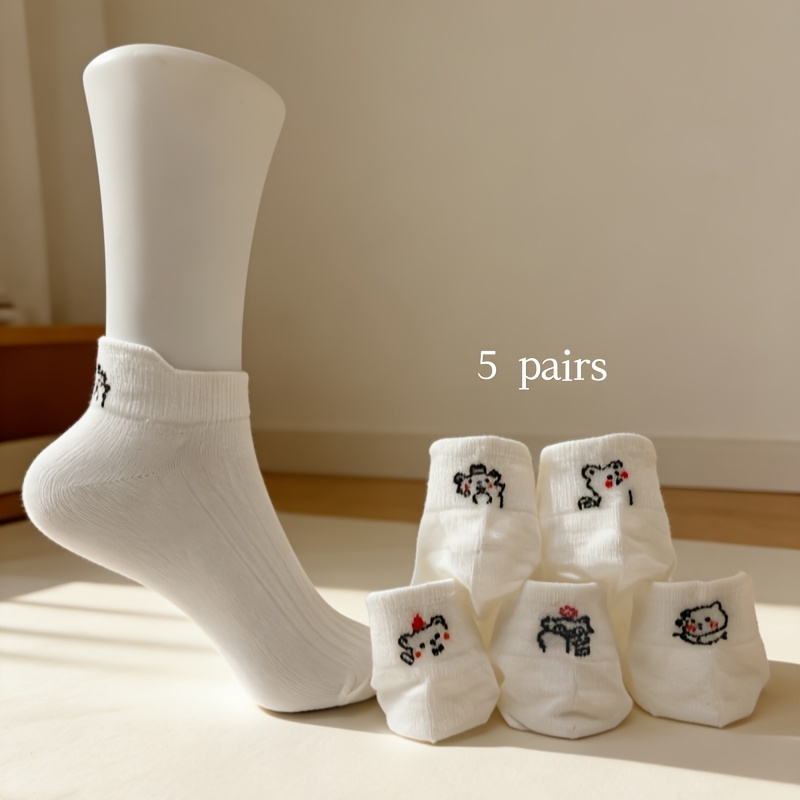 Image of 5-pair Women's Socks Suitable For - Cute Bear Pattern Low-cut Breathable Short Boat Socks, Fits Most (eu 36-40), Thin Invisible Socks For Daily Wear, S & For , Spring Summer Fall