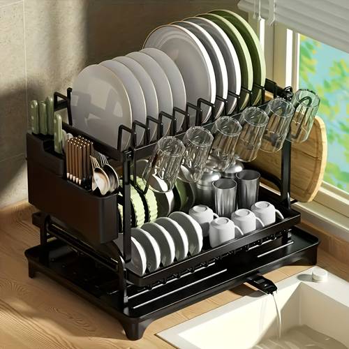 escurridor de platos multifuncional de acero al carbono con bandeja de drenaje, escurridor de 2 niveles drenable, soporte para utensilios, soporte para tabla de adhesivos, portavasos. para organización de encimera de cocina, almacenamiento en fregadero, de , la de