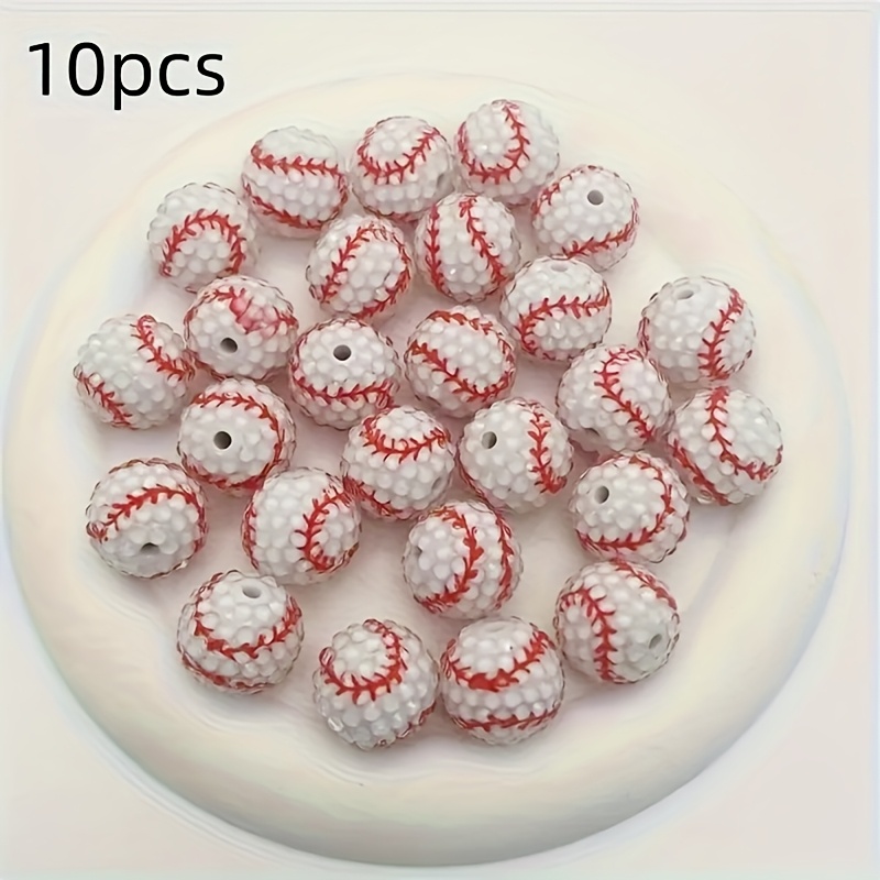 TEMU 10pcs Baseball Beads - Real Stitching, Yellow And Red Decor, For Jewelry Making, Keychains, Phone Charms, Packaging Decoration - Durable Resin
