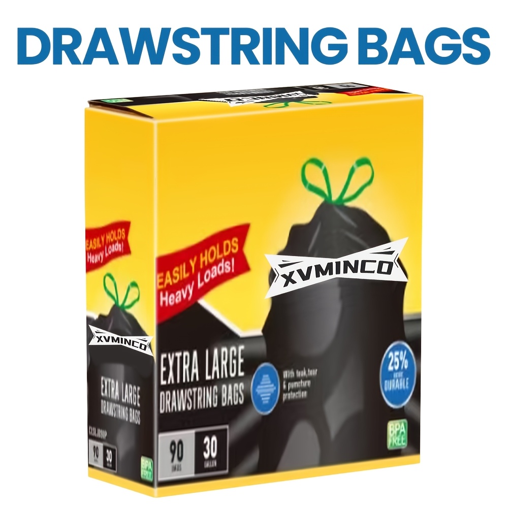item picture 3 rolls 30 gallon black heavy duty drawstring trash bags 90pcs disposable plastic can liners for kitchen   garden industrial and commercial use 113  thick leak proof tear resistant   large capacity trash bags