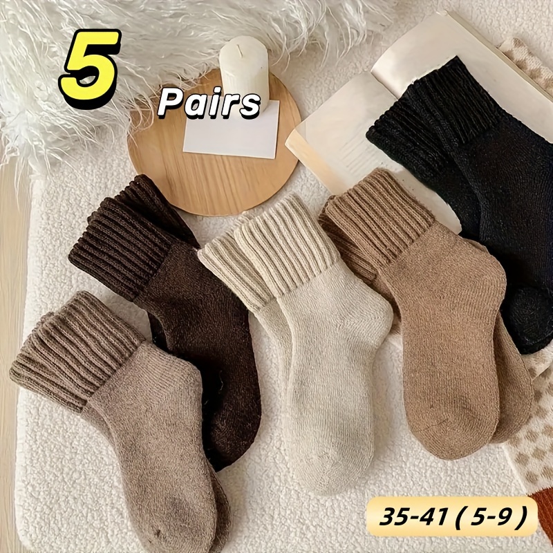 

5-pack Women's Thickened Towel Loop Pile Crew Footwear, Winter Warmth Comfort Hiking & Outdoor Recreation Accessories, Polyester Blend With Spandex, Solid Color, Knitted Fabric, Machine Washable