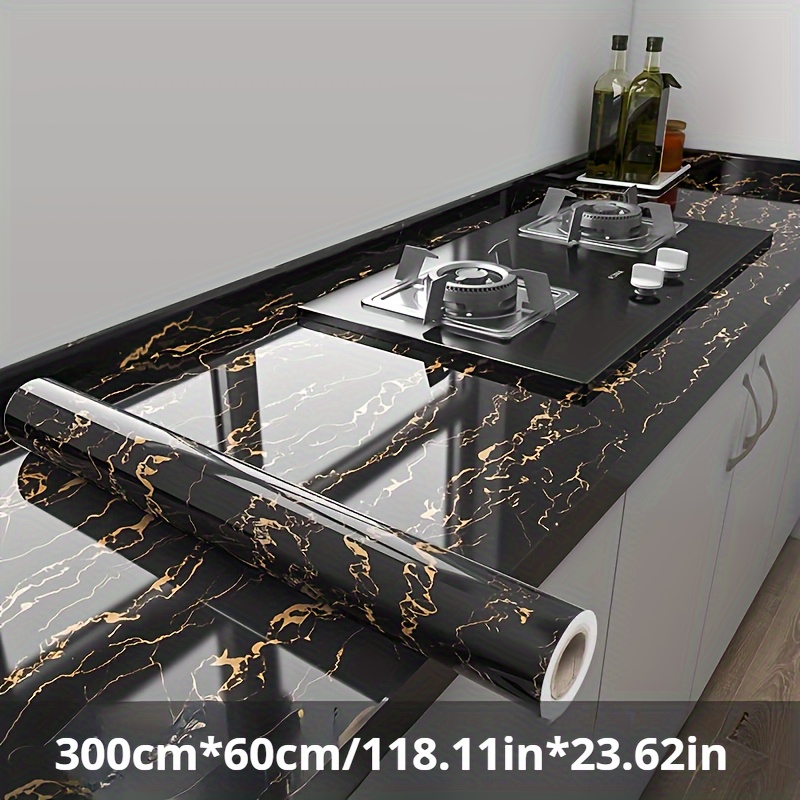 Image of 1 Roll, Black Marble Texture Self-adhesive Paper, Kitchen Cabinet Household Movable Paper, Kitchen Home Decoration, Suitable For Kitchens, Bathrooms And Other Environments