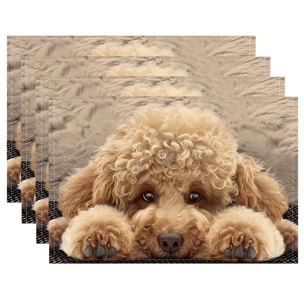 

Set Of 4 Poodle-themed Linen Placemats - Decorative Christmas Table Mats For Dining & Kitchen, Easy To Clean, 12x18 Inches