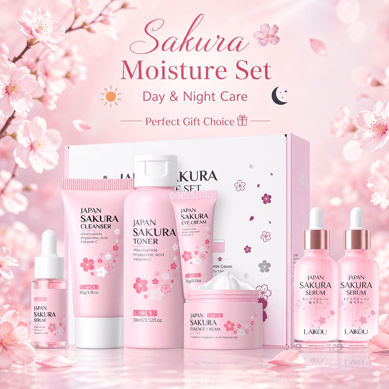 Image of Laikou Sakura Skin Care Set, With Moisturizing Toner, Serum, Eye Cream, Face Cream, Cleanser, And 2pcs Serum For Types, Gift Option For Christmas, Thanksgiving, New Year