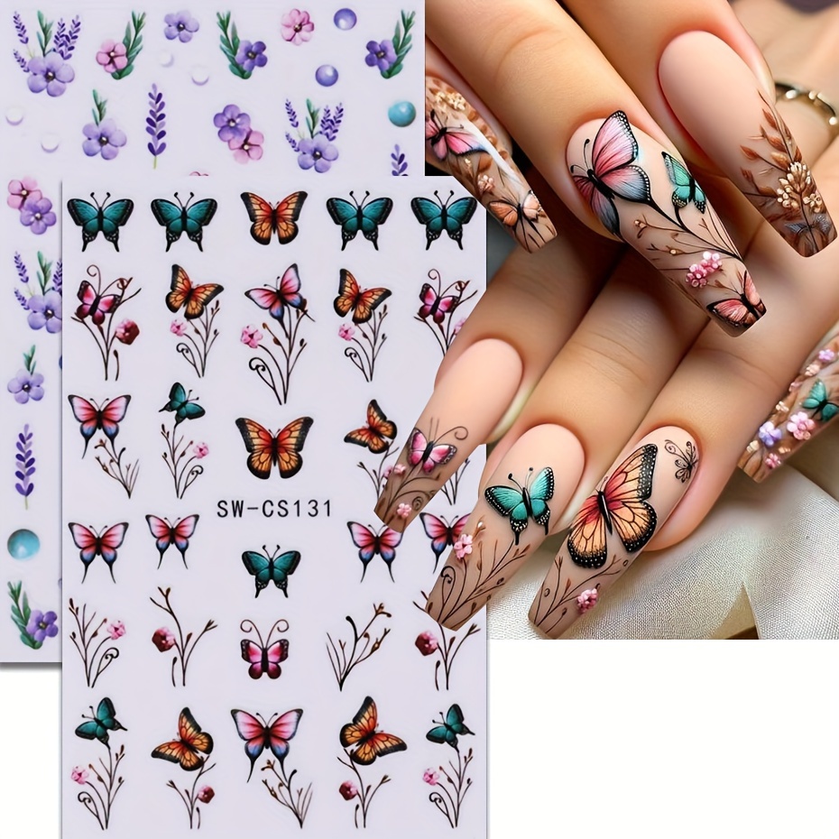 

2 Sheet 3d Summer Butterfly Flower Design Nail Art Stickers Spring Daisy Pink Purple Petal Design Siders Peach Blossom Manicure Decals