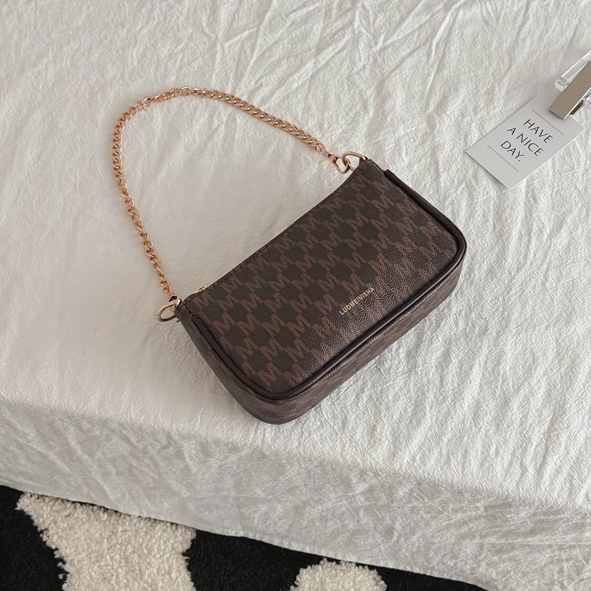 Image of Stylish Brown Shoulder Bag With Golden-tone Chain Strap & Zipper Closure - High Quality, Print, French Style For Women, Purse