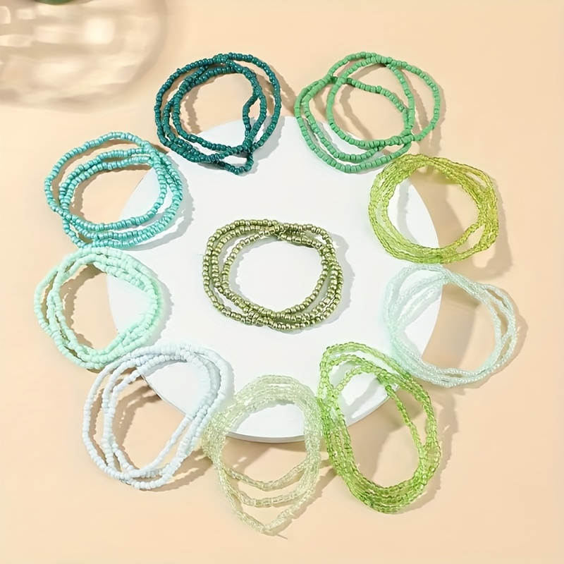 Green Rice Beads Layered Bracelets Set - 10pcs