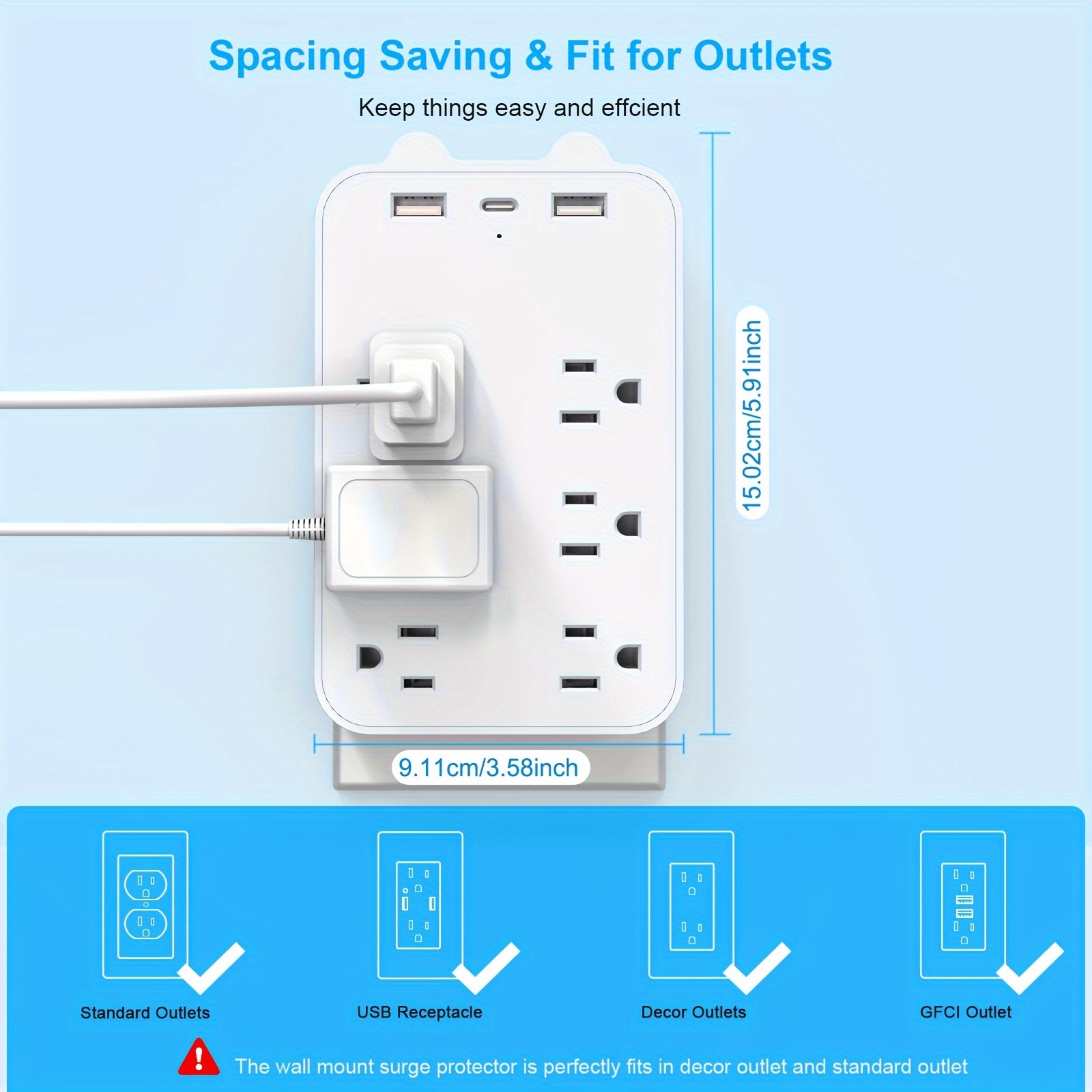 power strip with usb port wall surge protector with 6 outlets 3 usb 2 usb a 1 usb c multi plug outlet splitter and plug outlet extender wall mount adapter with top phone holder for office school dorm