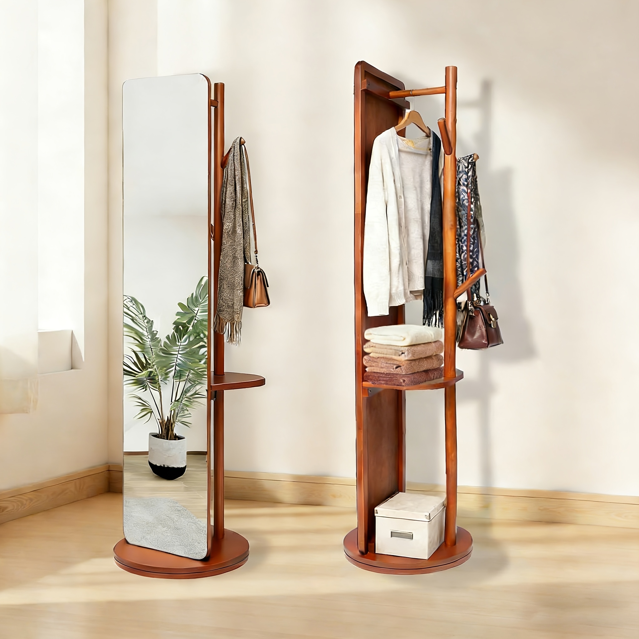 TEMU Specchio a a figura intera girevole a 360簞 in legno massello con appendiabiti e contenitore ; Specchio da toeletta minimalista e multifunzionale