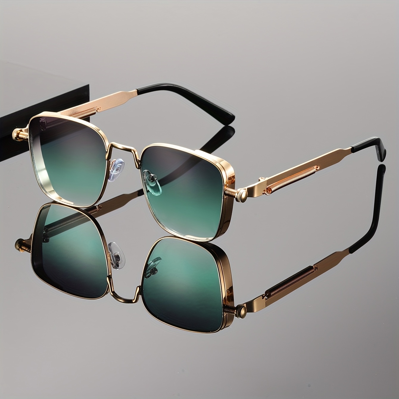 Steampunk Style Brass Tone Eyeglasses Green Tint Rectangular Adjustable Temples VTG Rectangular Spectacles Eyeglasses Tinted Emerald Green  main image 4