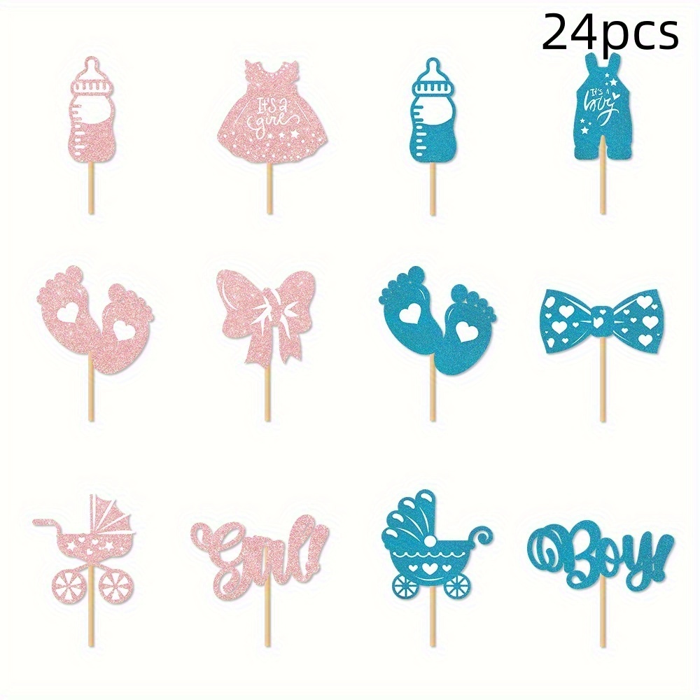 Image of 24pcs Gender Reveal Party Cupcake Decorations Toppers Blue And Pink Cake Toppers, Halloween, Christmas