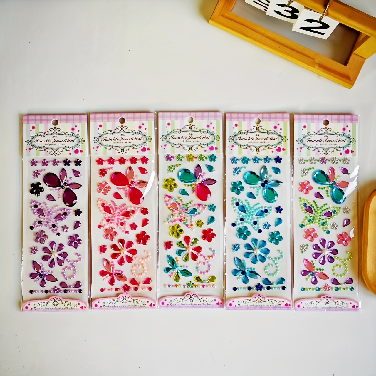 Image of 5 Diamond Stickers, Cute Cartoon Diamond Acrylic Decorative Stickers For Makeup And Colorful Flower Embellishments