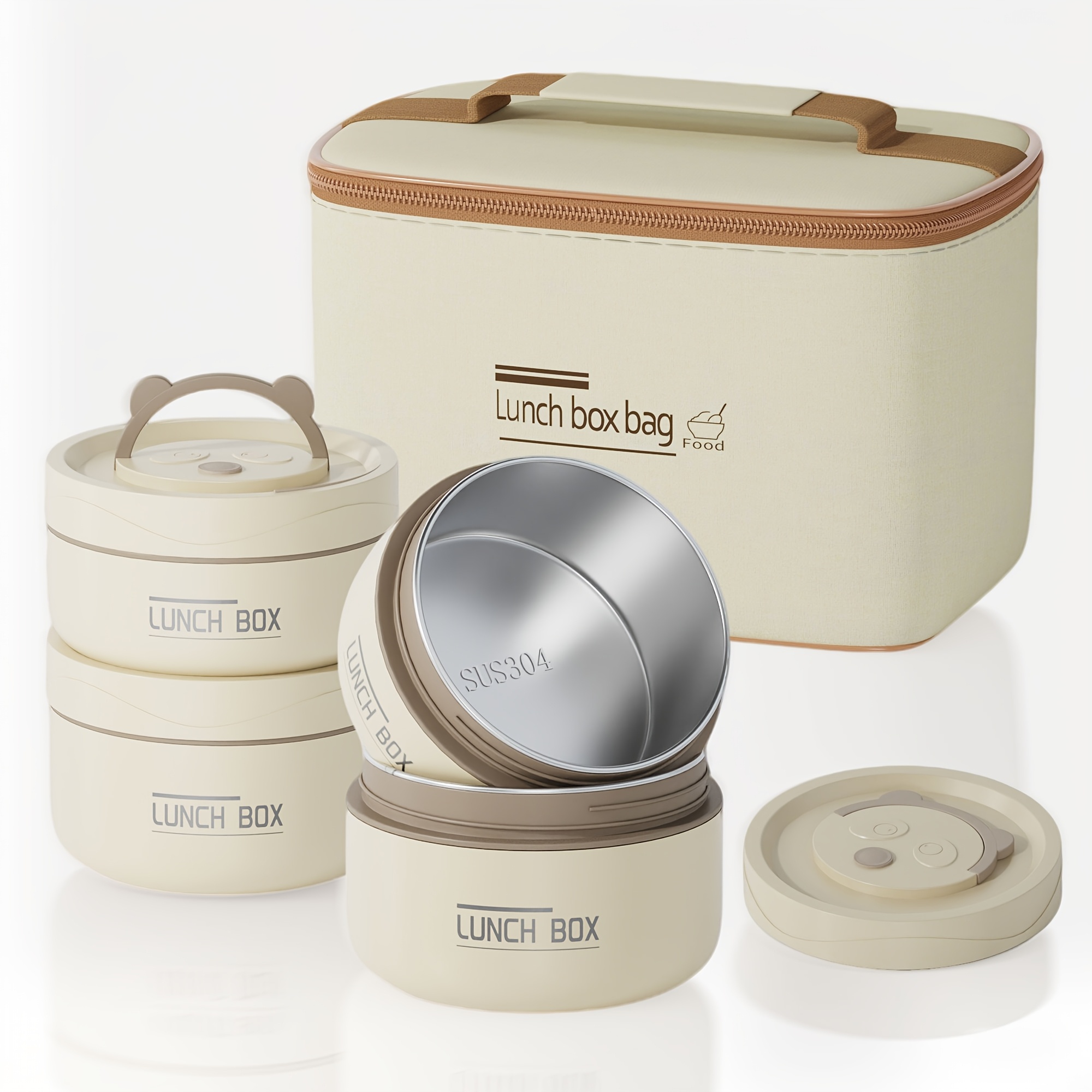 TEMU 4pcs Panda Stainless Steel Bento Box Set - With Lid, Includes Lunch Bag, Leakproof Bento Box Container, Suitable For Kitchen And Travel, With