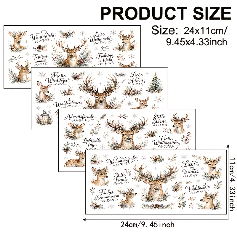 Image of 4pcs, Retro Reindeer German Pattern, Uv Dtf Waterproof Scratch-resistant Vinyl Material, Suitable For Crafts, Cups, Bottles, Laptops, Home Decor, Self-adhesive Plastic, Holiday Decoration