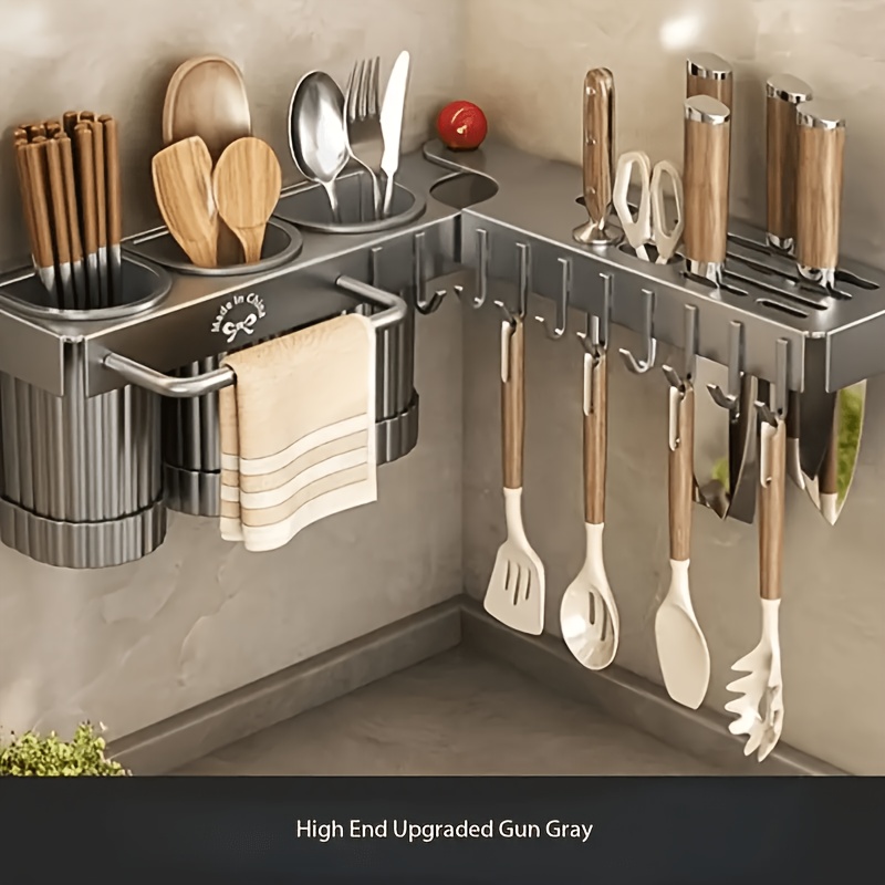 1pc Upgraded Foldable Utensil Holder, Plastic& Carbon Steel, Wall-mounted No-drill Cutlery And Spoon Organizer With Drain Storage Cups And Towel Bar