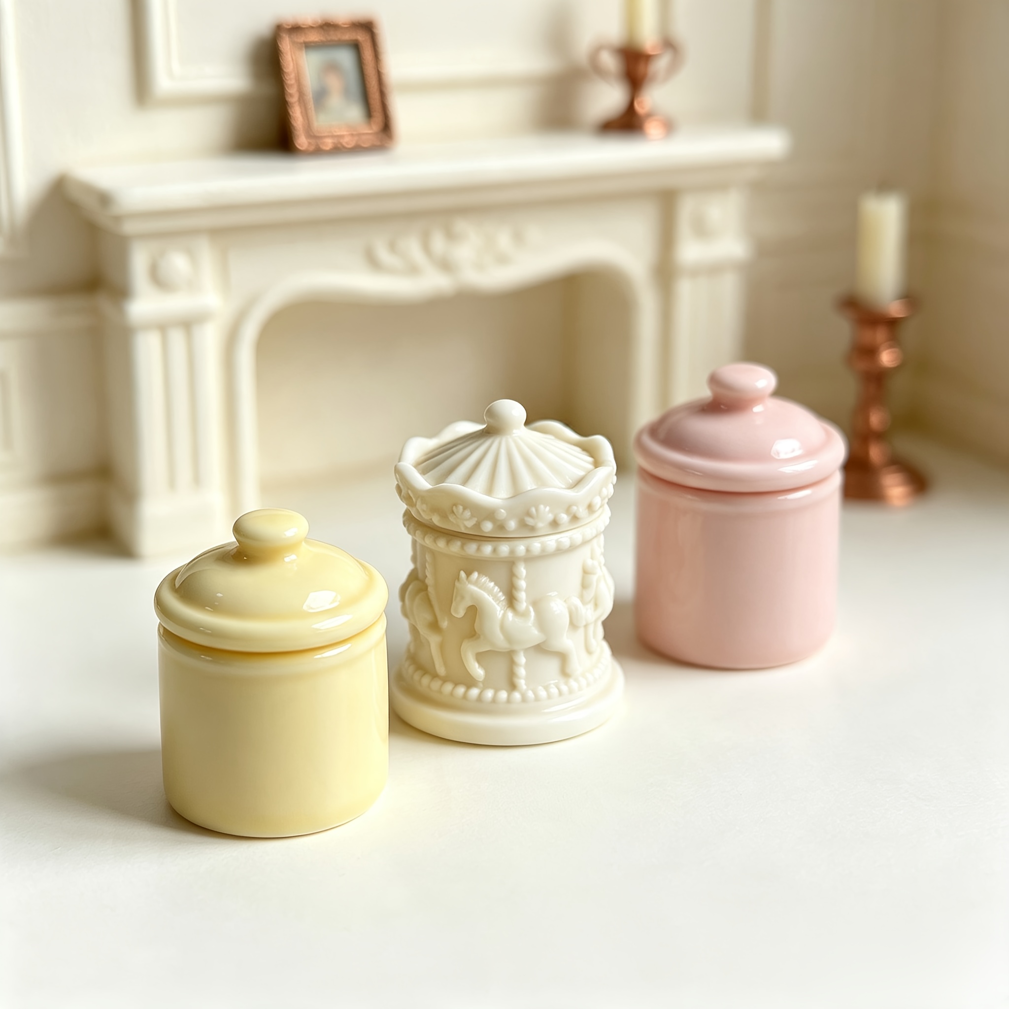 TEMU 3pcs Random Style 1:12 Miniature Carousel Wheel Relief Storage Jar Set, High-value Macaron-colored Realistic Small Storage Jars With Lids,