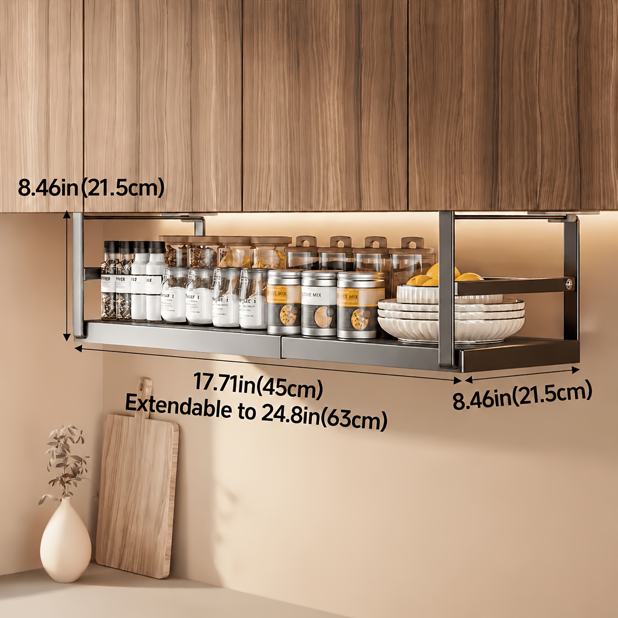 TEMU 1pc Adjustable Metal Cabinet Shelf Organizer, Expandable Kitchen Storage Rack For Spice Jars And Seasoning, Under-cabinet Hanging Shelf With