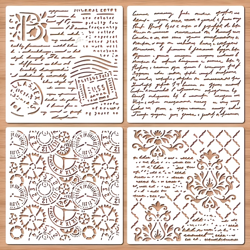 TEMU 4 plantillas retro de con diseño hueco para pintura, plantillas de mascarado de combinación de patrones de ruedas de reloj de texto de antiguas,