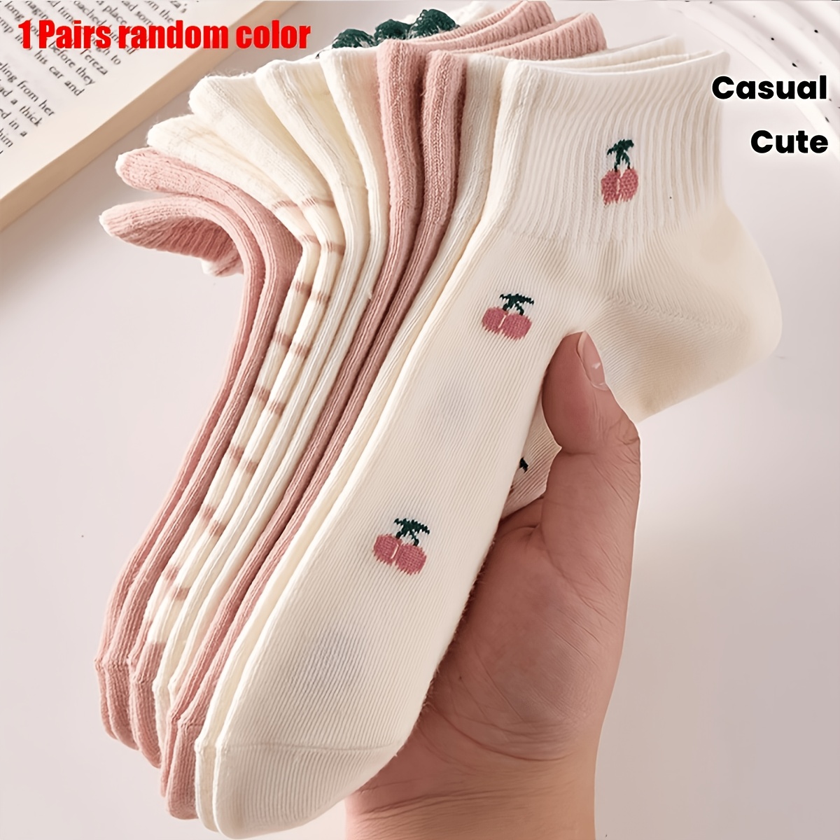 TEMU Random 1/6 Pairs Women's Short Socks In Multi-colors, Cute Pink Cherry Strawberry Rabbit Pattern, Comfortable Breathable , Suitable For