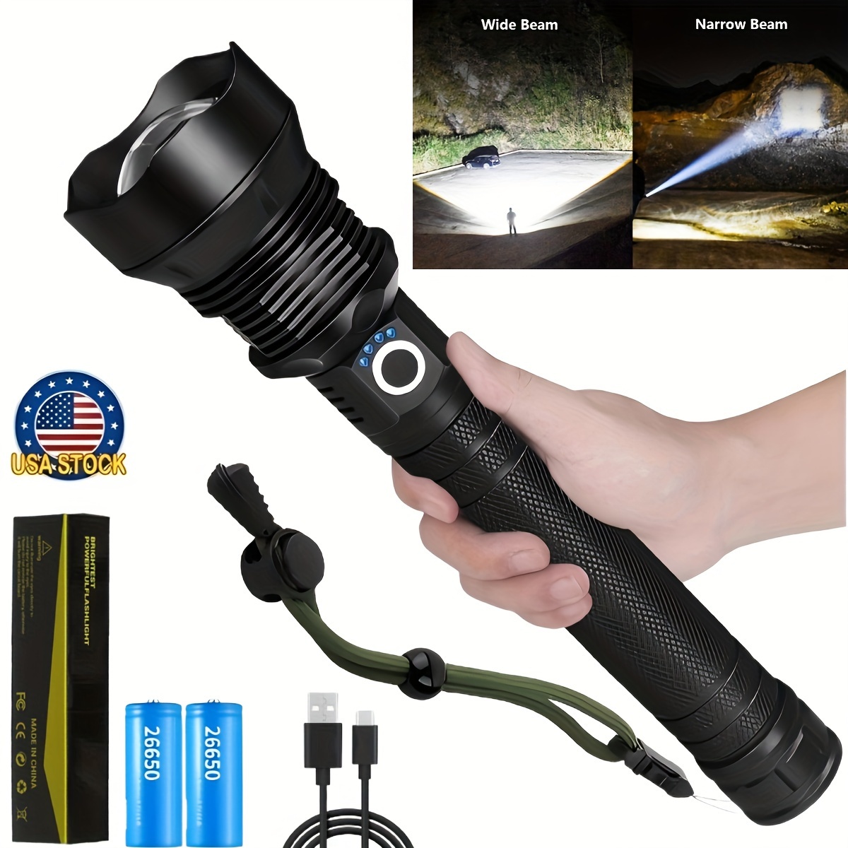 

P70 Rechargeable High Led Flashlight, Xhp90.2 With 5 , Tactical Flashlight For Emergencies, Camping, Hiking, Fishing, Garden, Security, Road, Garage Lighting, Flashlight Rechargeable